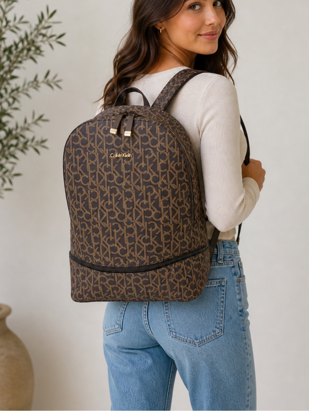 Calvin Klein Elaine Signature Brown Monogram Key Item Flap Large Backpack
